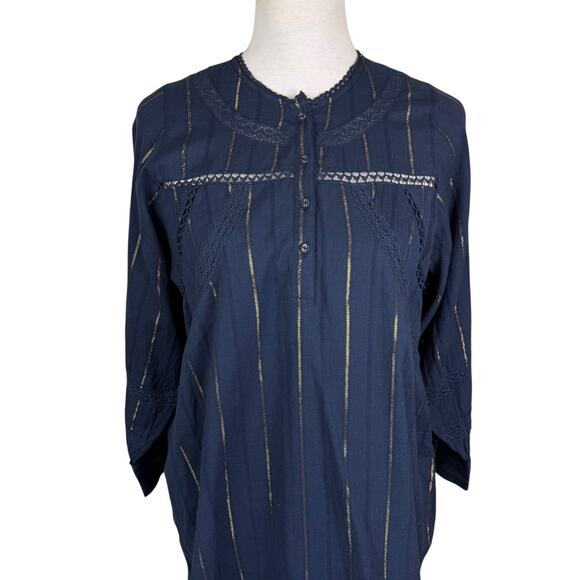 DRA Los Angeles Navy Gold Metallic Striped Eyelet Long Sleeve Shift Mini Dress - Picture 2 of 12